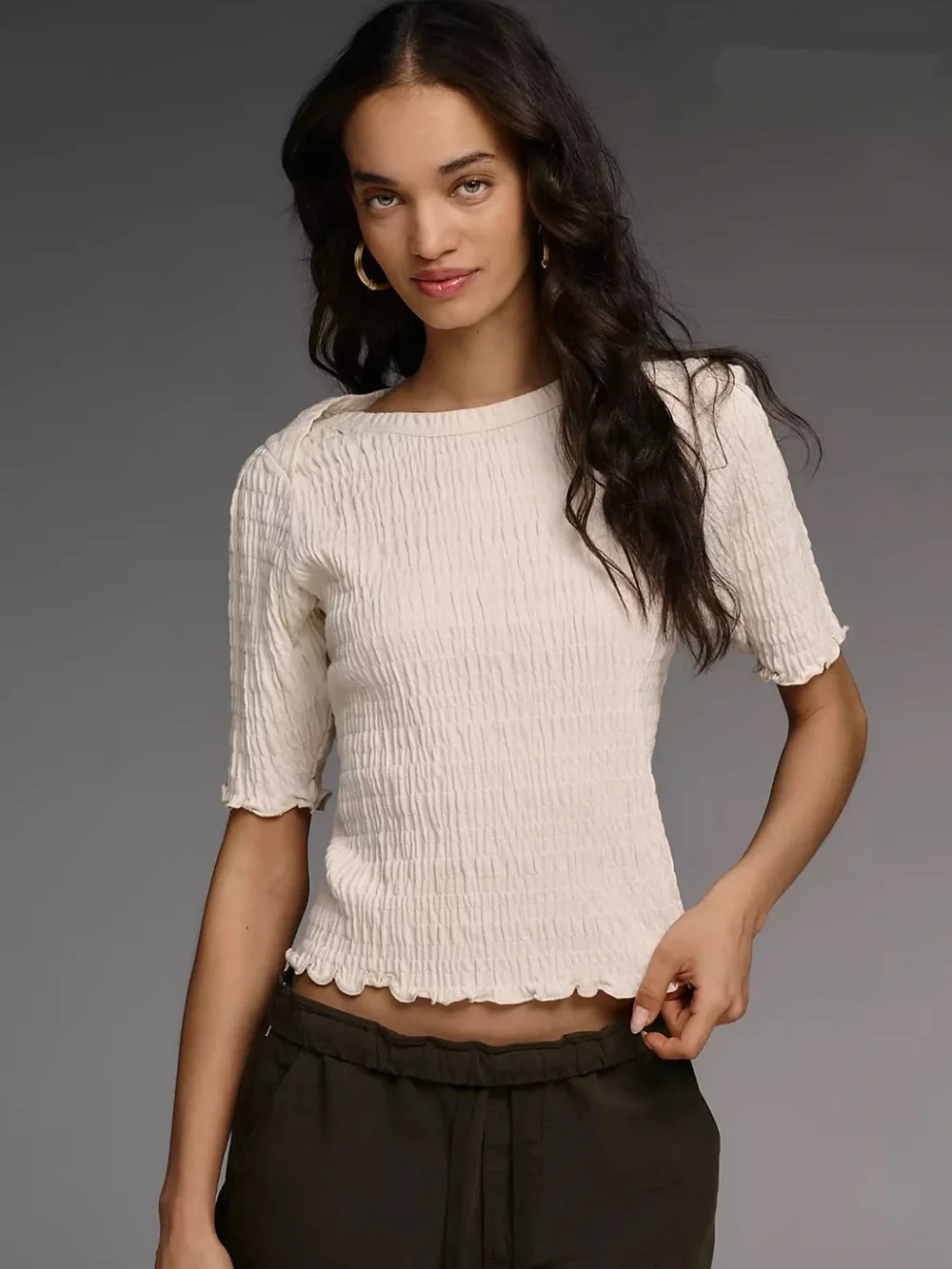 NWT Nation Los Angeles April Ruched Half-Sleeve Top in Cream Porcelain, Small